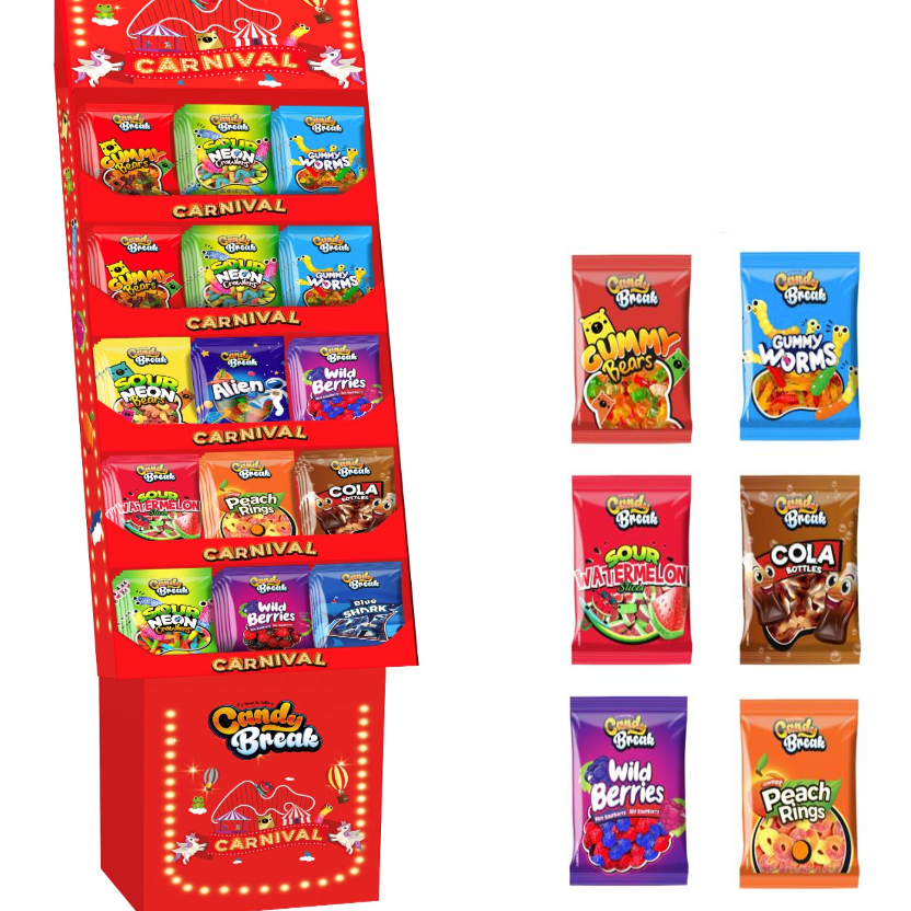 CARNIVAL RED GUMMY SHIPPER 90 PCS/4 OZ (113GR)